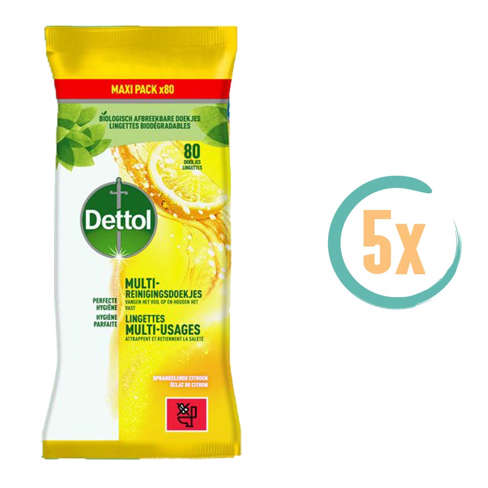 5x Dettol Multi Reinigingsdoekjes Citroen 80 stuks