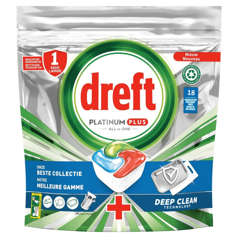 5x Dreft Platinum Plus Vaatwastabletten Deep Clean 18 tabs, VoordeligInslaan.nl