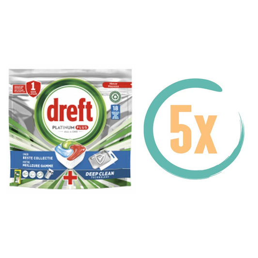 5x Dreft Platinum Plus Vaatwastabletten Deep Clean 18 tabs, VoordeligInslaan.nl