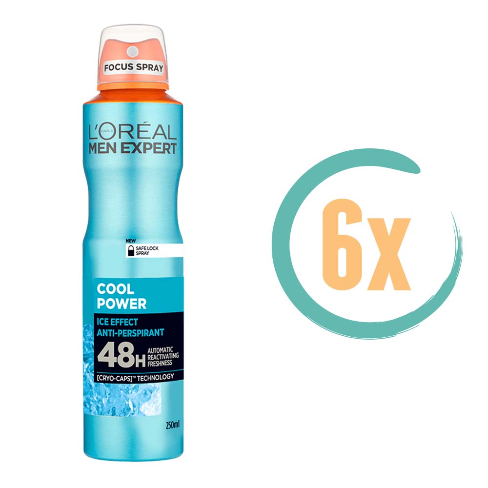 6x L'Oréal MEN Expert Cool Power Deospray 250ml, VoordeligInslaan.nl