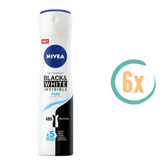 6x Nivea Black & White Invisible Pure Deospray 150ml