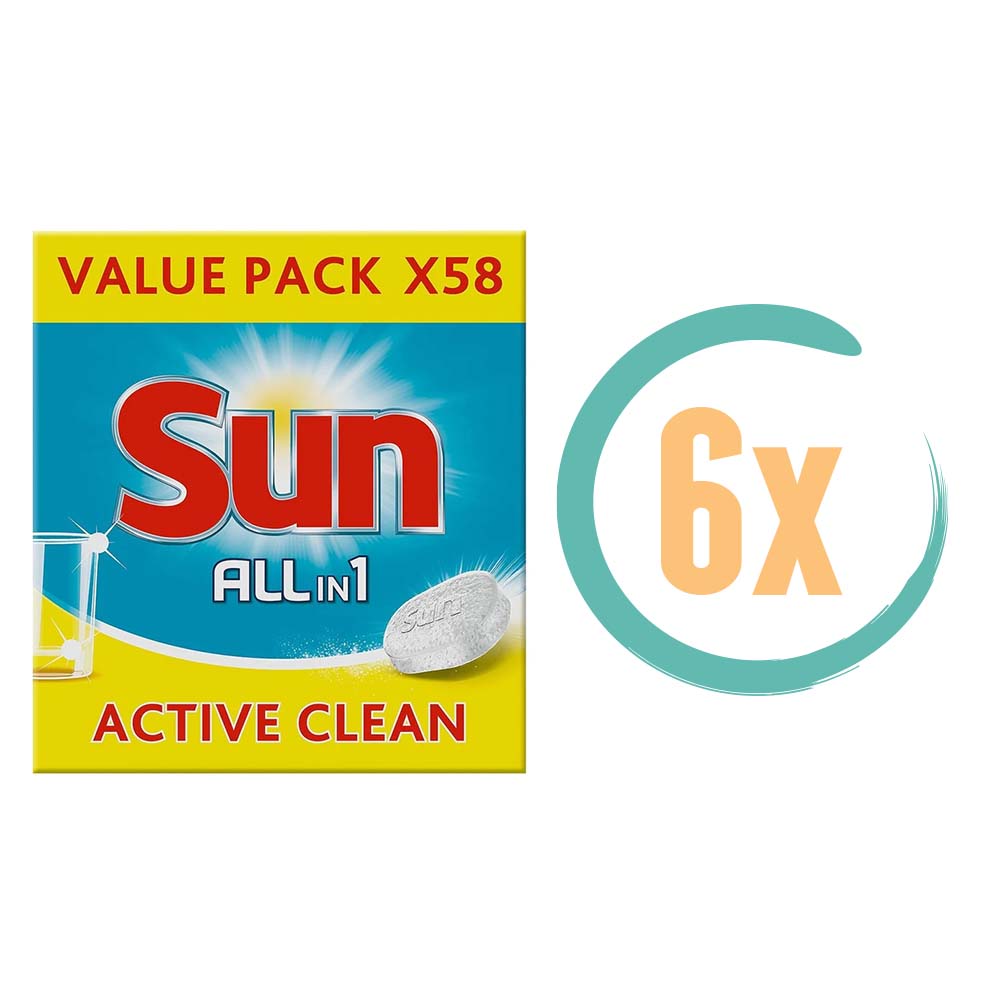 6x Sun All in 1 Active Clean Vaatwastabletten 58 Tabs
