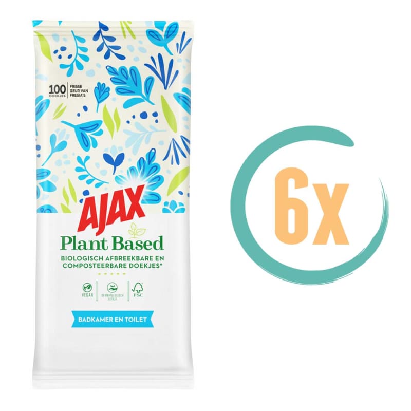 6x Ajax Plant Based Vochtige Doekjes voor Badkamer en Toilet